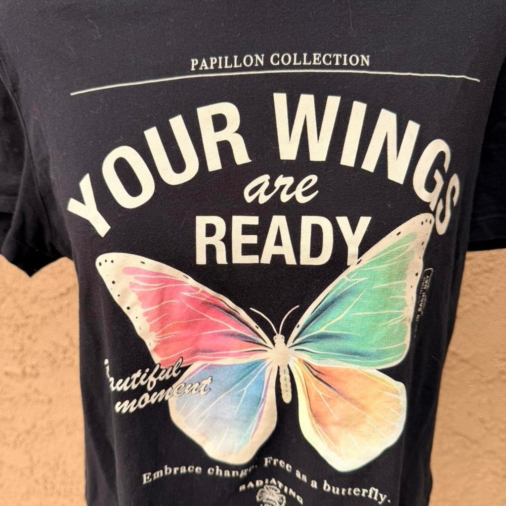 Black butterfly graphic tee with positive message - Picture 2 of 7
